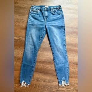 PISTOLA midrise straight skinny jeans raw hem cropped denim distressed sz 30 EUC